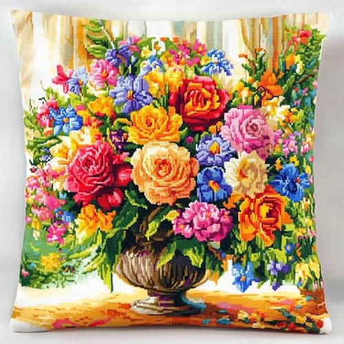 WallustrioaW Blumen Kreuzstichkissen Kreuzstichpackung,blühender Strauß,Stickpackung,Kreuzstichkissen vorgedruckt,45x45cm,Sticksets Für Erwachsene,Anfänger von WallustrioaW