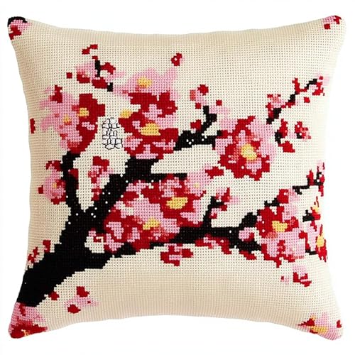 WallustrioaW Blumen cross stitch cushion Kit for Adult Beginner,Pflaumenblütenzweig Cushion Needlework Kit with Embroidery Pattern on Cotton Canvas Holiday,Gift Kits 18x18in von WallustrioaW