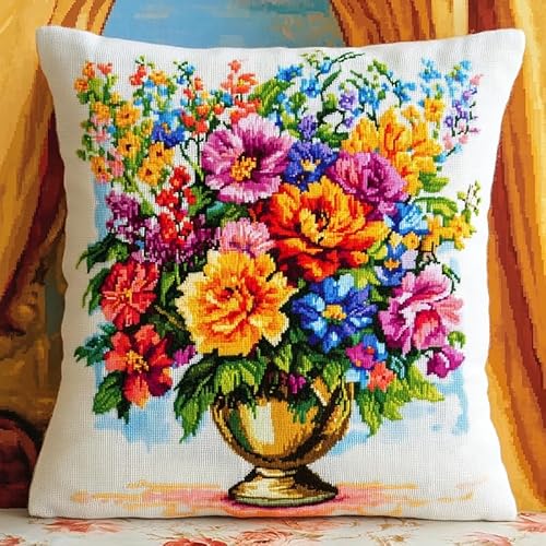 WallustrioaW Blumen cross stitch cushion Kit for Adult Beginner,blühender Strauß Cushion Needlework Kit with Embroidery Pattern on Cotton Canvas Holiday,Gift Kits 18x18in von WallustrioaW