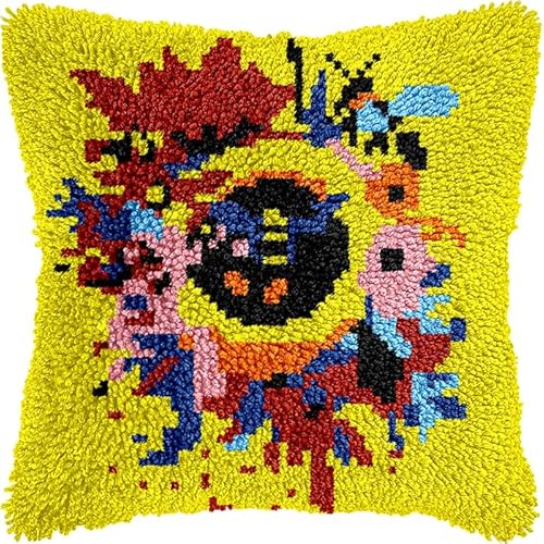 WallustrioaW Blumen kissen knüpfen set erwachsene,Sonnenblume und Biene,Kissen Kissen Chunky Kreuzstich Kit Stickerei Nadelspitze Kissen Kit Für Wohnkultur,43x43cm von WallustrioaW