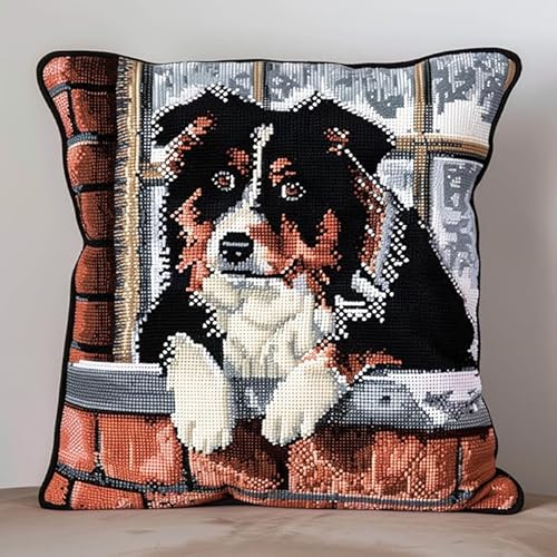 WallustrioaW Border Collie Kreuzstich Kissen,11CT Sticken Set,Tierhund,Sticksets Für Erwachsene,Anfänger,Kreuzstichkissen/Stickkissen-Set,45x45cm von WallustrioaW