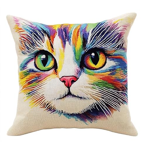 WallustrioaW Bunte Tiere Kreuzstichkissen,süße Katze,Kreuzstickpackung vorgedruckt Sticksets Für Erwachsene,Anfänger,45x45cm Kreuzstichkissen/Stickkissen-Set von WallustrioaW