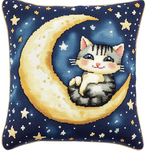 WallustrioaW Cartoon-Sternennachtszene Kreuzstichkissen Kreuzstichpackung,Katze auf dem Mond,Stickpackung,Kreuzstichkissen vorgedruckt,45x45cm,Sticksets Für Erwachsene,Anfänger von WallustrioaW