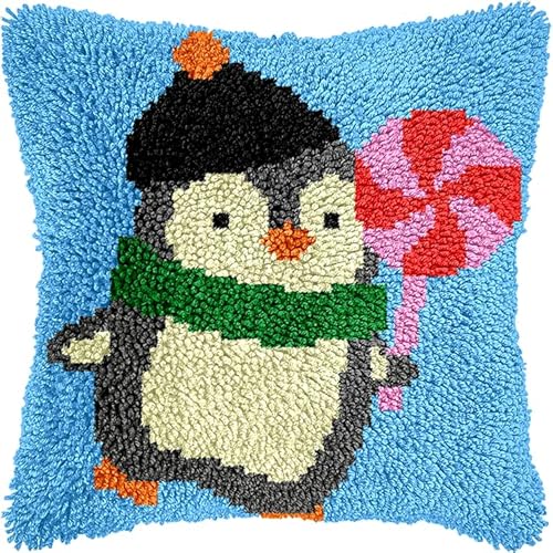 WallustrioaW Cartoon-Tiere DIY-Kissenbezug Zum Basteln,süßer Pinguin,Knüpfhaken-Kissen-Set,Kissenbezug Zum Selbermachen Für Anfänger Und Erwachsene,Geschenke,43x43cm von WallustrioaW