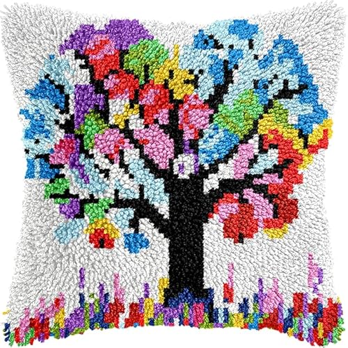 WallustrioaW DIY-Kissenbezug Zum Basteln,bunter Baum,Knüpfhaken-Kissen-Set,Kissenbezug Zum Selbermachen Für Anfänger Und Erwachsene,Geschenke,43x43cm von WallustrioaW