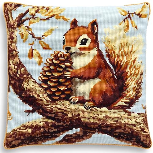 WallustrioaW DIY-Kissenbezug Zum Basteln Tiere,Eichhörnchen auf einem Ast,Knüpfhaken-Kissen-Set,Kissenbezug Zum Selbermachen Für Anfänger Und Erwachsene,Geschenke,43x43cm von WallustrioaW