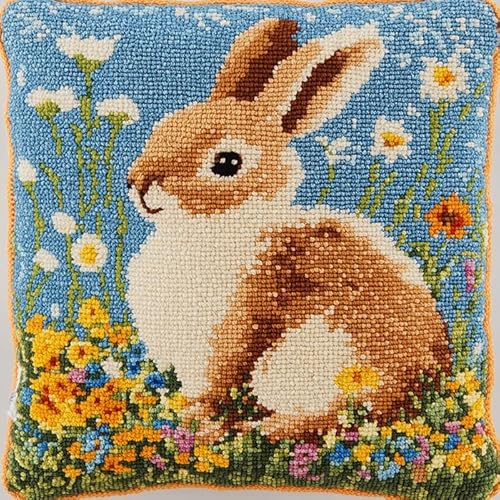 WallustrioaW DIY-Kissenbezug Zum Basteln Tiere,Kaninchen in den Blumen,Knüpfhaken-Kissen-Set,Kissenbezug Zum Selbermachen Für Anfänger Und Erwachsene,Geschenke,43x43cm von WallustrioaW