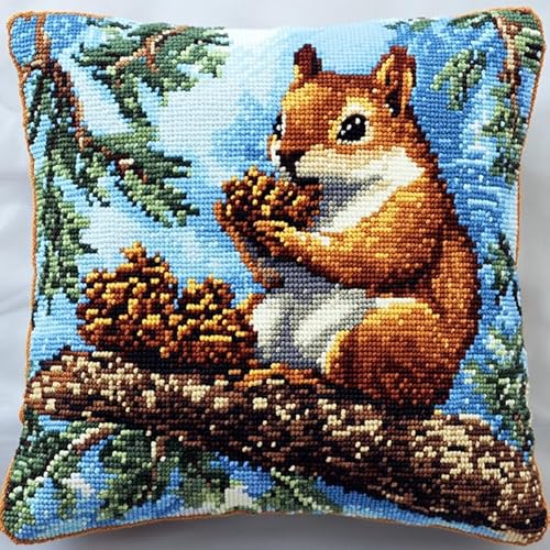 WallustrioaW DIY Knüpfen Set Erwachsene Tiere,Eichhörnchen auf einem Ast,Knüpfkissen Set Zum Sticken Und Stricken,Geschenk Für Erwachsene/Anfänger,43x43cm von WallustrioaW