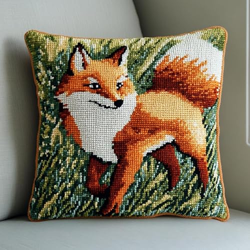 WallustrioaW DIY Knüpfen Set Erwachsene Tierfuchs auf dem Gras,Knüpfkissen Set Zum Sticken Und Stricken,Geschenk Für Erwachsene/Anfänger,43x43cm von WallustrioaW