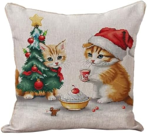 WallustrioaW DIY Kreuzstichkissen Süße Katzen und Hunde zu Weihnachten,Stickset,Kreuzstich Kissen zum Basteln Stickkissen Stickpackung mit Vorgedruckt Kreuzstichmotiv,45x45cm von WallustrioaW