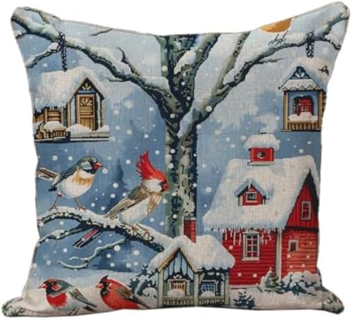 WallustrioaW DIY Kreuzstichkissen Winter Robin Vogelhäuser im Schnee,Stickset,Kreuzstich Kissen zum Basteln Stickkissen Stickpackung mit Vorgedruckt Kreuzstichmotiv,45x45cm von WallustrioaW