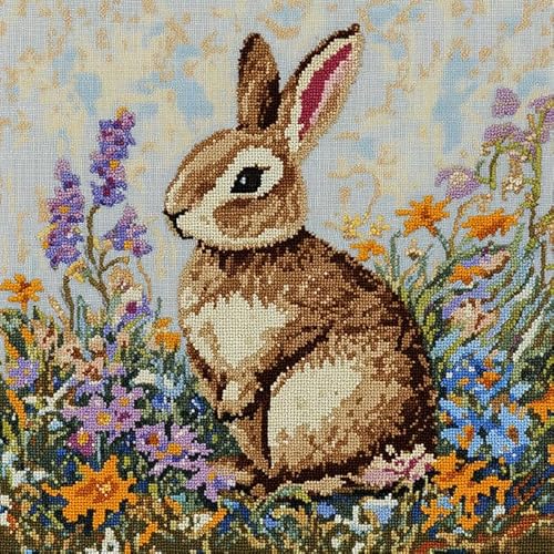 WallustrioaW DIY Latch Hook Cushion for Yourself Tiere,Kaninchen in den Blumen,Latch Hook Rug for Children and Adults,Beginners,Cross Stitch Set,Craft Latch Hook Kit,43x43cm von WallustrioaW