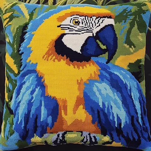 WallustrioaW DIY Latch Hook Cushion for Yourself Tiere,blauer Papagei,Latch Hook Rug for Children and Adults,Beginners,Cross Stitch Set,Craft Latch Hook Kit,43x43cm von WallustrioaW