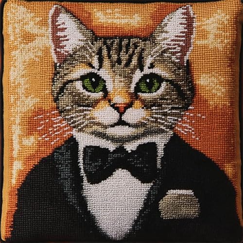 WallustrioaW DIY Latch Hook Kits Cushion Cover Tiere,Katze im Anzug,Embroidery Carpet Kit Embroidery Cushion Cover Sofa Cushion Cover Craft Kit,43x43cm von WallustrioaW