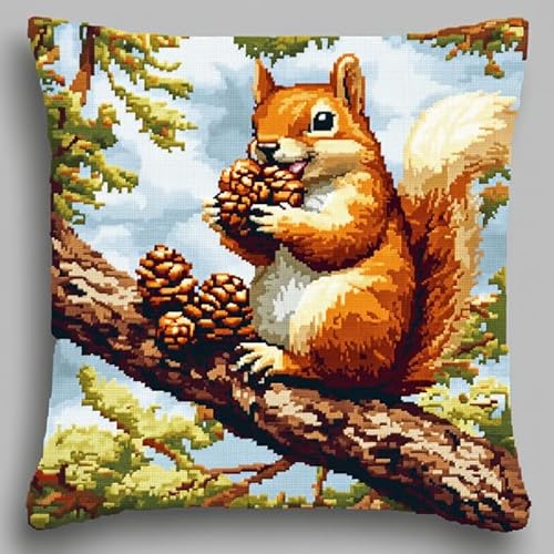 WallustrioaW DIY Latch Hook Set Cushion Cover Tiere,Eichhörnchen auf einem Ast,Latch Hook Kit Creative 3D DIY Carpet Knotting Set for Children Adults Gifts,43x43cm von WallustrioaW