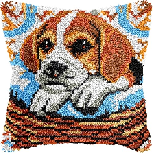 WallustrioaW DIY knüpfen set kissen knüpfhaken set Beagle,Tierhund,Kits zur Herstellung von Kissenbezügen/Kissenbezügen,Knüpfhaken-Kits für ein Starterprojekt,43x43cm von WallustrioaW