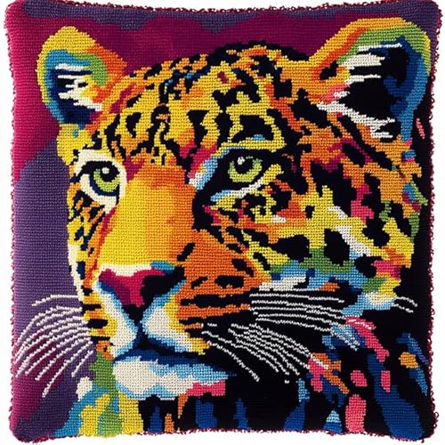 WallustrioaW DIY knüpfen set kissen knüpfhaken set Tier Leopard,Kits zur Herstellung von Kissenbezügen/Kissenbezügen,Knüpfhaken-Kits für ein Starterprojekt,43x43cm von WallustrioaW