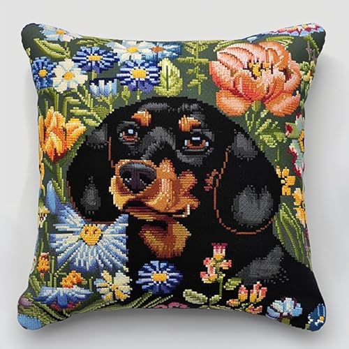 WallustrioaW Dackel Cross Stitch Pillow Kit,Tiere,Hunde und Blumen DIY Cushion Embroidery Kit 45x45cm Needlepoint Handmade Needlework Cushion Kit von WallustrioaW