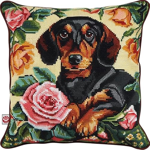 WallustrioaW Dackel Kreuzstichkissen,Tiere,Hunde und Blumen,Kreuzstickpackung vorgedruckt Sticksets Für Erwachsene,Anfänger,45x45cm Kreuzstichkissen/Stickkissen-Set von WallustrioaW