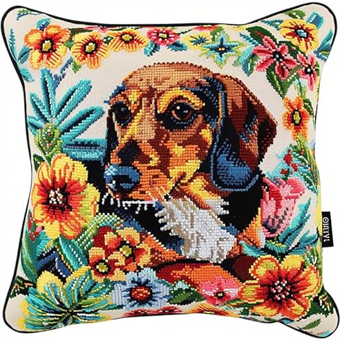 WallustrioaW Dackel Kreuzstichkissen,Tiere,Hunde und Blumen,Stickbild vorgezeichnet Kreuzstichpackung Kissen,11CT Sticken Set,Bastelsets Handstickerei-DIY,45x45cm von WallustrioaW