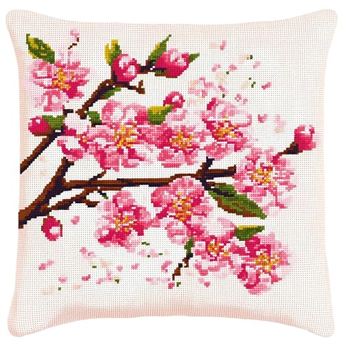 WallustrioaW Einfach cross stitch cushion Kit for Adult Beginner,rosa Pflaumenblütenzweig Cushion Needlework Kit with Embroidery Pattern on Cotton Canvas Holiday,Gift Kits 18x18in von WallustrioaW