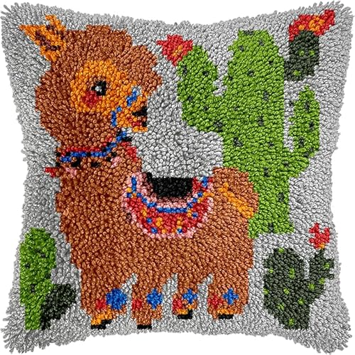 WallustrioaW Embroidery Set for Cushions,Kaktus und Alpaka,DIY Cross Stitch Sofa Cushion Cover with Latch Hook Tool,Suitable for Teenagers and Adults,43x43cm von WallustrioaW