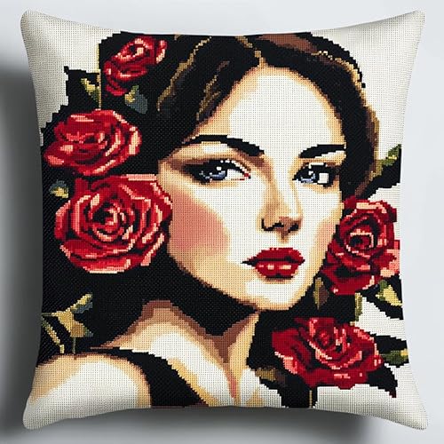 WallustrioaW Farbe Cross Stitch Pillow Kit,Frau und Rosen DIY Cushion Embroidery Kit 45x45cm Needlepoint Handmade Needlework Cushion Kit von WallustrioaW