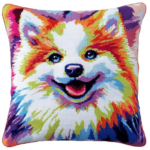 WallustrioaW Farbtierhund Cross Stitch Pillow Kit,süßer Hund DIY Cushion Embroidery Kit 45x45cm Needlepoint Handmade Needlework Cushion Kit von WallustrioaW