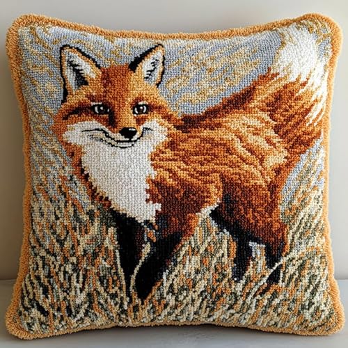 WallustrioaW Gestempeltes Kissen-Knüpf-Set Tierfuchs auf dem Gras,Diy-Knüpf-Kissen-Set,Anfänger,Erwachsene,Geschenk Stickerei,Heimdekoration,Knüpf-Haken-Set,43x43cm von WallustrioaW