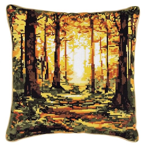 WallustrioaW Herbstlandschaft Kreuzstich Kissen Set,Sonnenscheinwald,DIY Kreuzstichkissen,Kreuzstich,Handarbeiten Stickerei,Heim-Bastelsets,Sofa-Dekoration,45x45cm von WallustrioaW