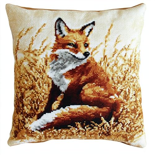 WallustrioaW Herbstliche Reisfelder Cross Stitch Pillow Kit,Tierfuchs DIY Cushion Embroidery Kit 45x45cm Needlepoint Handmade Needlework Cushion Kit von WallustrioaW