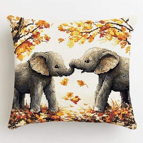 WallustrioaW Herbstwald cross stitch cushion Kit for Adult Beginner,tierische Elefantenfamilie Cushion Needlework Kit with Embroidery Pattern on Cotton Canvas Holiday,Gift Kits 18x18in von WallustrioaW