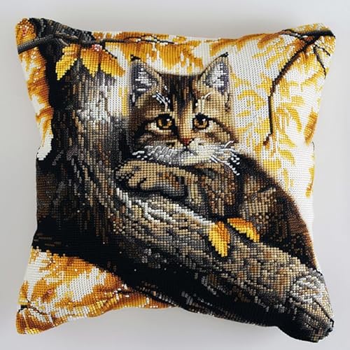 WallustrioaW Katze auf Ast DIY Kreuzstichkissen,süßes Kätzchen,Stickset,Kreuzstich Kissen zum Basteln Stickkissen Stickpackung mit Vorgedruckt Kreuzstichmotiv,45x45cm von WallustrioaW