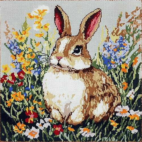 WallustrioaW Kissen Knüpfen Kit Tiere,Kaninchen in den Blumen,Knüpfkissen Set Für Anfänger Erwachsene Oder Kinder Zum Selber Knüpfen,DIY Knüpfteppich Knüpfpackung,43x43cm von WallustrioaW