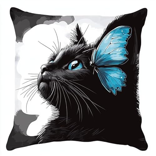 WallustrioaW Kissen Knüpfen Kit Tiere,schwarze Katze und Schmetterling,Knüpfkissen Set Für Anfänger Erwachsene Oder Kinder Zum Selber Knüpfen,DIY Knüpfteppich Knüpfpackung,43x43cm von WallustrioaW