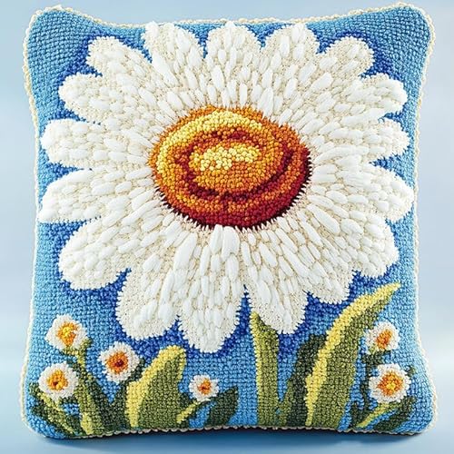 WallustrioaW Kissen Knüpfen Kit Weiße Gänseblümchen,Knüpfkissen Set Für Anfänger Erwachsene Oder Kinder Zum Selber Knüpfen,DIY Knüpfteppich Knüpfpackung,43x43cm von WallustrioaW