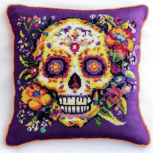 WallustrioaW Knochen DIY Kreuzstichkissen,Stickset,Kissenbezug,Totenkopfblume,Kreuzstichkissen,45x45cm,stickset anfänger,Handstickerei Nähkissenbezug von WallustrioaW