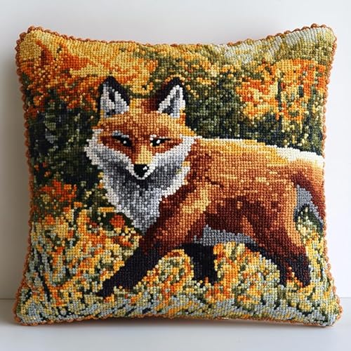 WallustrioaW Knüpfen Kissen Set Tierfuchs auf dem Gras,Latch Hook Kissen Kit Knüpfteppich Knüpfpackung Set,Sofakissenbezug Handgemachte Geschenke,43x43cm von WallustrioaW