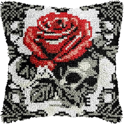 WallustrioaW Knüpfen Kissen Set rote Blume,Rosen,Latch Hook Kissen Kit Knüpfteppich Knüpfpackung Set,Sofakissenbezug Handgemachte Geschenke,43x43cm von WallustrioaW