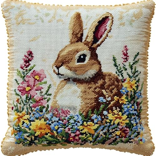 WallustrioaW Knüpfhaken-Kissen-Set Tiere,Kaninchen in den Blumen,DIY-Kissenbezug Zum Basteln,Bedruckte Leinwand Für Anfänger,Kissenset Für Heimdekoration,43x43cm von WallustrioaW