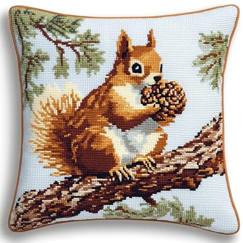 WallustrioaW Knüpfhaken-Set Tiere,Eichhörnchen auf einem Ast,Kissenbezug astelkissen,Häkelgarn Nadelarbeiten Stickerei,Kissenbezug Teppich Sofa Weihnachtsdekoration,43x43cm von WallustrioaW