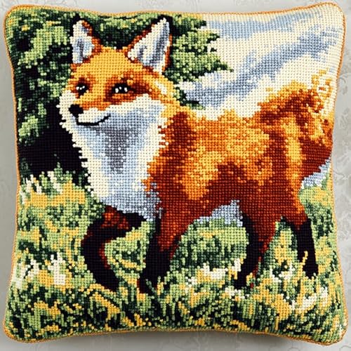 WallustrioaW Knüpfhaken-Set Tierfuchs auf dem Gras,Kissenbezug astelkissen,Häkelgarn Nadelarbeiten Stickerei,Kissenbezug Teppich Sofa Weihnachtsdekoration,43x43cm von WallustrioaW