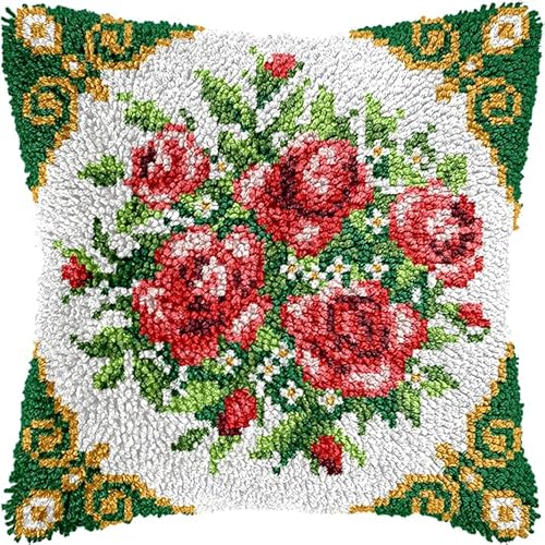 WallustrioaW Knüpfhaken-Set Weihnachten,rote Blume,Kissenbezug astelkissen,Häkelgarn Nadelarbeiten Stickerei,Kissenbezug Teppich Sofa Weihnachtsdekoration,43x43cm von WallustrioaW