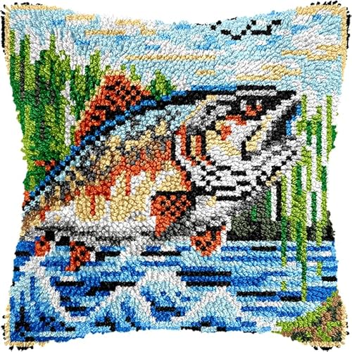 WallustrioaW Knüpfkissen Set,Latch Hook Kissen Kit,Fische springen aus dem Wasser,3D Handgemachte Geschenke Knüpfteppich Für Kinder Und Erwachsene Knüpfset,43x43cm von WallustrioaW