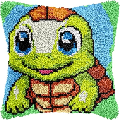 WallustrioaW Knüpfkissen Set,Latch Hook Kissen Kit,Tierische süße grüne Schildkröte,3D Handgemachte Geschenke Knüpfteppich Für Kinder Und Erwachsene Knüpfset,43x43cm von WallustrioaW