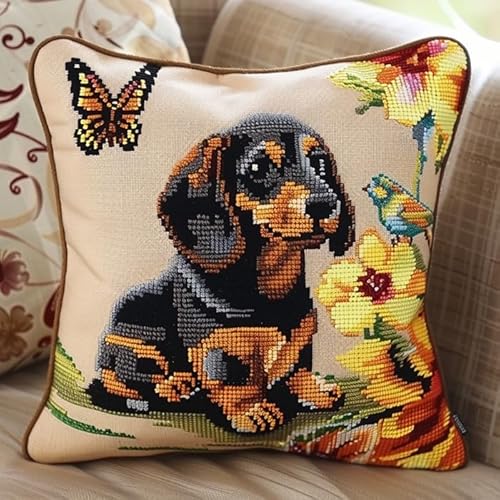 WallustrioaW Knüpfkissen Set,Latch Hook Kissen Kit Dackel,Tierhund und Blumen,3D Handgemachte Geschenke Knüpfteppich Für Kinder Und Erwachsene Knüpfset,43x43cm von WallustrioaW