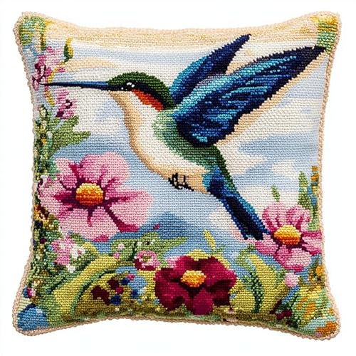 WallustrioaW Knüpfkissen Set,Latch Hook Kissen Kit Tiere Kolibris und Blumen,3D Handgemachte Geschenke Knüpfteppich Für Kinder Und Erwachsene Knüpfset,43x43cm von WallustrioaW