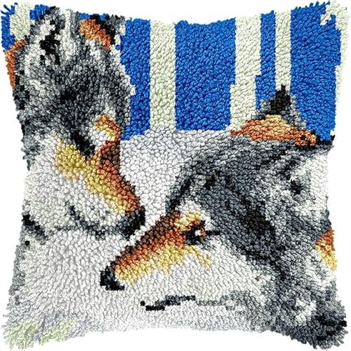 WallustrioaW Knüpfkissen-Set,Tiere zwei Wölfe,für Kinder oder Anfänger Erwachsene zum Selber Knüpfen,DIY Knüpfteppich Knüpfpackung,Knüpfhaken Set,43x43cm von WallustrioaW