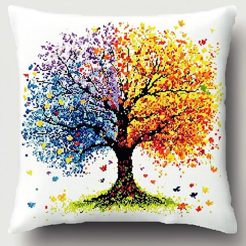 WallustrioaW Knüpfkissen Set Bunter Baum der vier Jahreszeiten,Knüpfkissen Set für Anfänger Erwachsene oder Kinder zum Selber Knüpfen,DIY Knüpfteppich Knüpfpackung,43x43cm von WallustrioaW