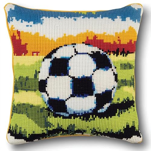 WallustrioaW Knüpfkissen-Set Fußball auf Rasen,für Kinder oder Anfänger Erwachsene zum Selber Knüpfen,DIY Knüpfteppich Knüpfpackung,Knüpfhaken Set,43x43cm von WallustrioaW